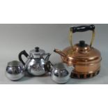 A Copper Kettle and Three Piece Chromed Tea Service