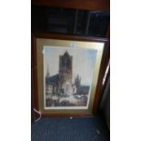 A Framed French Coloured Print Depicting St. Martin Cathedral, Ypres Cloth Market, 48cm High