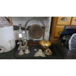 A Vintage Copper Dinner Gong with Clapper, Brass Inkwell, Bedchamber Stick and Candle Stick etc