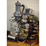 A Tray of Metalwares to Include Silver Plated Trophies, Oval Two Handled Tray, Gallery Tray,