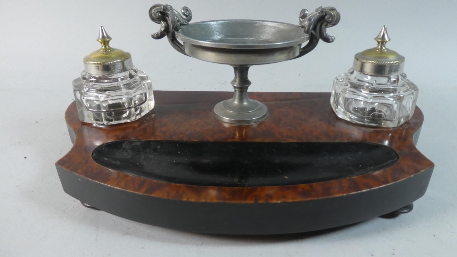 A French Burr Wood Desk Top Inkstand with Pair of Octagonal Ink Bottles Having Silver Plated Tops - Image 2 of 2