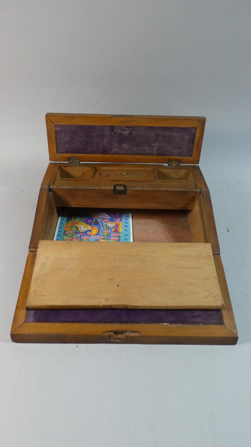 An Indian Carved Wooden Writing Slope with Stationery Box Back Having Hinged Lid and Fold Front, - Image 5 of 5