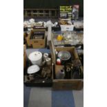 A Box of Vintage Metalwares, Enamelled Wares, Glass Washboard etc