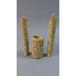 A Pair of 19th Century Carved Ivory Needle Cases of Cylindrical Form Containing Ivory Needles, 16.