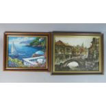 Two Framed Oils Depicting Mediterranean Scene and Continental Town Bridge