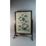 An Edwardian Oak Framed Silk Embroidered Fire Screen, 75cm High