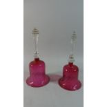 Two Cranberry Glass Bells with Plain Glass Handles, Each 28cm high