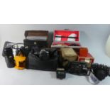 A Tray of Photographic Equipment to Include Zenit 35mm Camera, Ricoh and Canon Cameras, Various