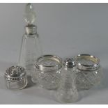 A Collection of Silver Mounted Glass Table Pots and Scent Bottle, Various Hallmarks