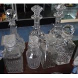 A Tray Containing Pair of Mallet Decanters and Five Spirit Decanters