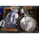 Two Boxes of Kitchen Wares to Include Pots, Pans, Cutlery etc
