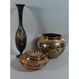 A Mixed Metal Egyptian Vase, Tall Brass Etched Vase and Copper Lidded Pot