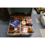 A Vintage Suitcase and Two Boxes of Sundries to Include Biscuit Barrels, Vintage Tins, Peanut