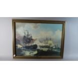 A Framed Print of a Sea Battle, 58.5cm Wide