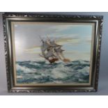 A Framed Print of a Three Masted Ship in Storm, 74cm Wide