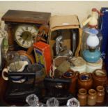 A Tray of Kitchen Sundries to Include Two Vintage Flat Irons, Mincer, Stoneware Bottles and