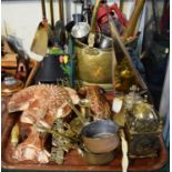 A Tray of Copper and Brass Wares to Include Fish Jelly Moulds, Lantern Clock, Wall Bell, Graduated