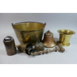 A Tray of Brassware to Include Large Jam Pan, Pestle and Mortar, Four Bells etc