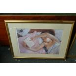 A Gilt Framed Print Depicting Girl Reading Book in Bed, 57cm Wide