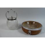 An Edwardian Cut Glass Silver Plate Mounted Biscuit Barrel and Glass Lined Oak Fruit Bowl