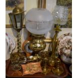 A Tray of Brassware to Include Horse and Trap Ornament, Candle Sticks, Oil Lamp, Table Lamps etc