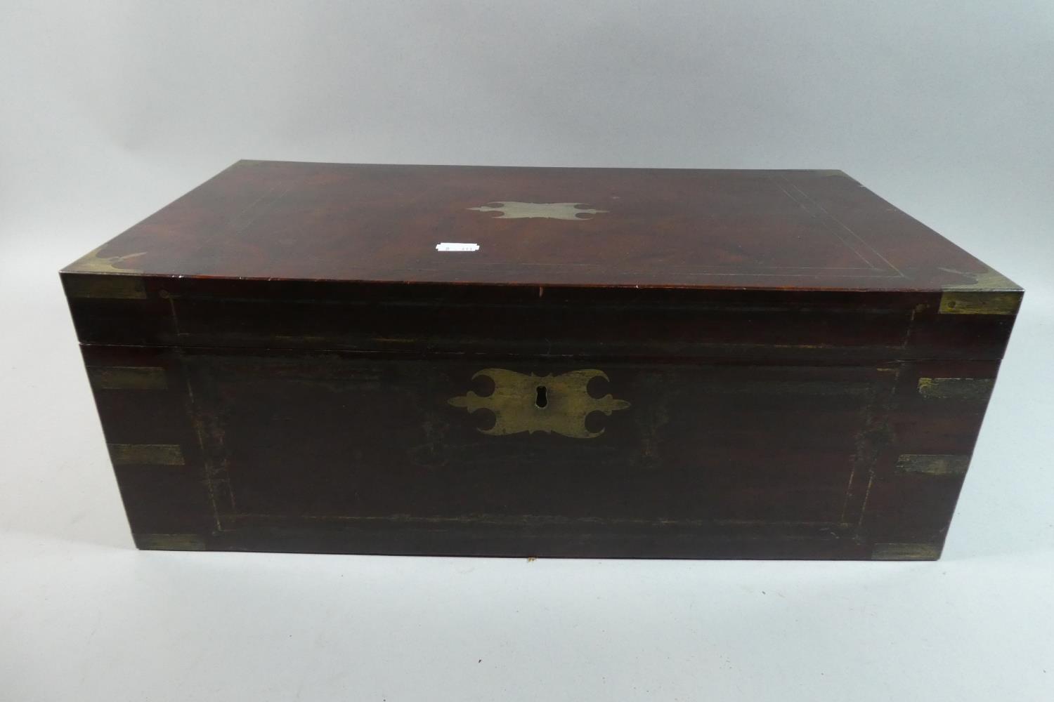 A Victorian Brass Inlaid Flame Mahogany Campaign Writing Slope with Fitted Interior and Inset Side - Image 2 of 4