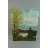 A Mounted But Unframed Oil on Canvas Depicting Mounted Lake with Silver Birch Tree, 61cm high