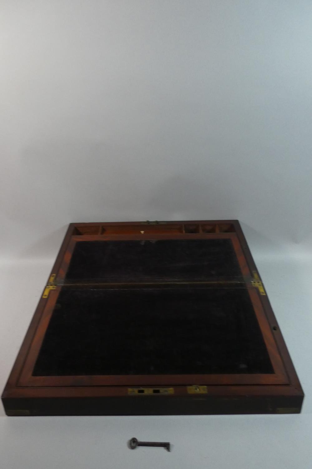 A Victorian Brass Inlaid Flame Mahogany Campaign Writing Slope with Fitted Interior and Inset Side - Image 3 of 4