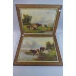 A Pair of Oak Framed Oils on Canvas, English School, Cattle at Meadow, Each 42cm Wide