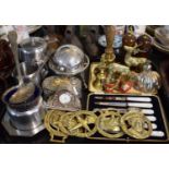 A Tray of Metalwares to Include Horse Brasses, Fruit Knife Set, Brass Ornaments, Brass Handbell,