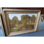 A Large Gilt Framed Oil on Canvas Depicting 19th Century Country Lane with Figures, Sheep and