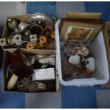 Three Boxes of Ceramics and Glassware, Metalwares, Decorated Jewellery Box, Dressing Table Set,