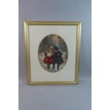 A Framed Victorian Print Depicting Boy and Girl on Swing in Winter