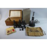 A Vintage Metal Cased Baker of London Microscope Together with Three Small Field Microscopes, Slides