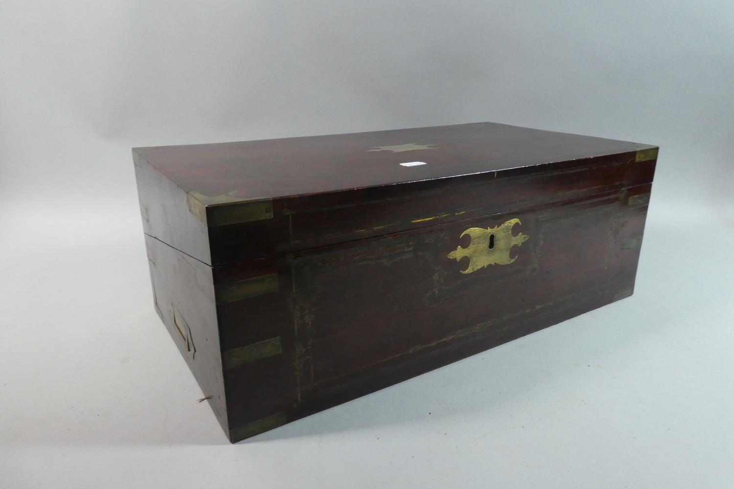 A Victorian Brass Inlaid Flame Mahogany Campaign Writing Slope with Fitted Interior and Inset Side