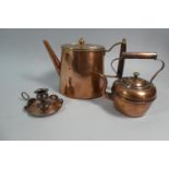 A Copper 1 Gill Teapot, Copper Bed Chamber Stick and Miniature Copper Kettle