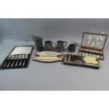 A Tray Containing Pewter Jugs and Tankards, Cased Cutlery and String of Silver Pearls