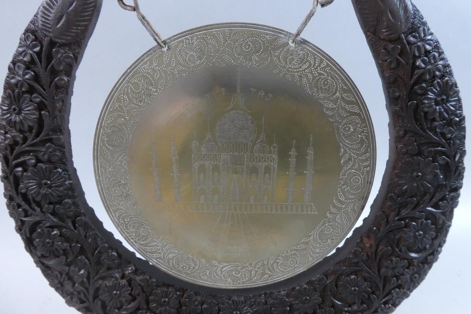 A Finely Carved Indian Table Gong with Brass Disk Engraved with Taj Mahal, 28cm High - Image 2 of 3