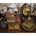 A Tray of Curios to Include Small Clock, Kraka Fishing Reel, Magnets, Pressure Gauge and Box of