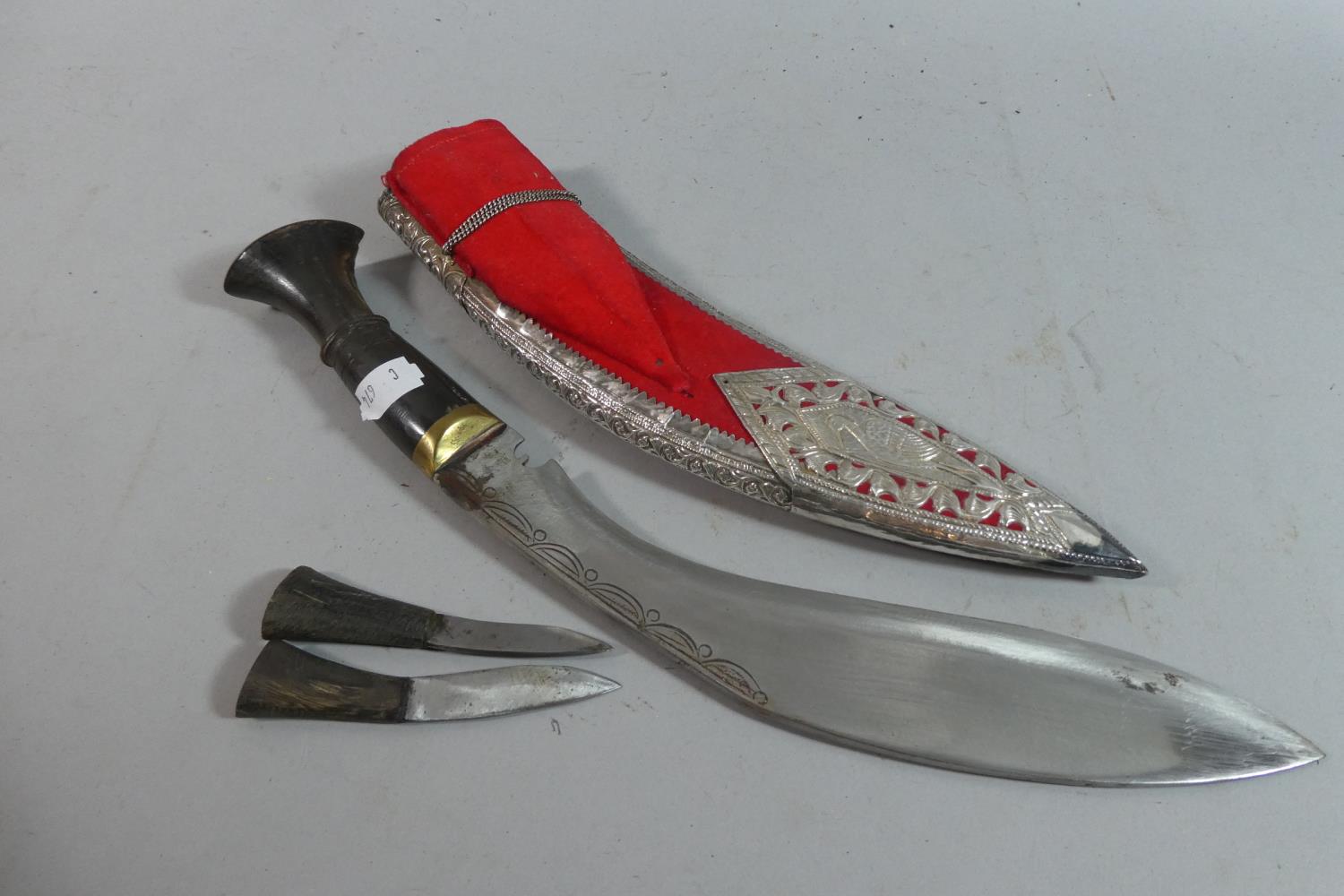 A Souvenir Kukri Knife with Daggers, in Silver Plate Mounted Scabbard - Image 2 of 4