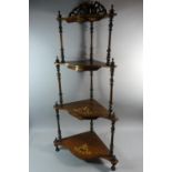 A Mid 20th Century Inlaid Four Shelf Serpentine Front Corner Whatnot with Turned Supports, 52cm Wide