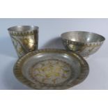 Three Pieces of North African Brass and White Metal Cairo Type Wares to Include Two Bowls and a