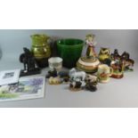 A Box of Ceramics to Include Glazed Terracotta Jug, Animal Ornaments and Bookends, Cast Metal