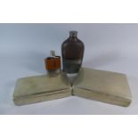Two Vintage Leather Topped Glass Hip Flasks and Two Silver Plated Sandwich Boxes