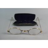 A Pair of Antique Gold Metal Russian Spectacles in Case, Stamped to Bridge