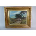 A 20th Century Gilt Framed Scottish Oil on Canvas Depicting Sheep Being Herded Down Lake Side