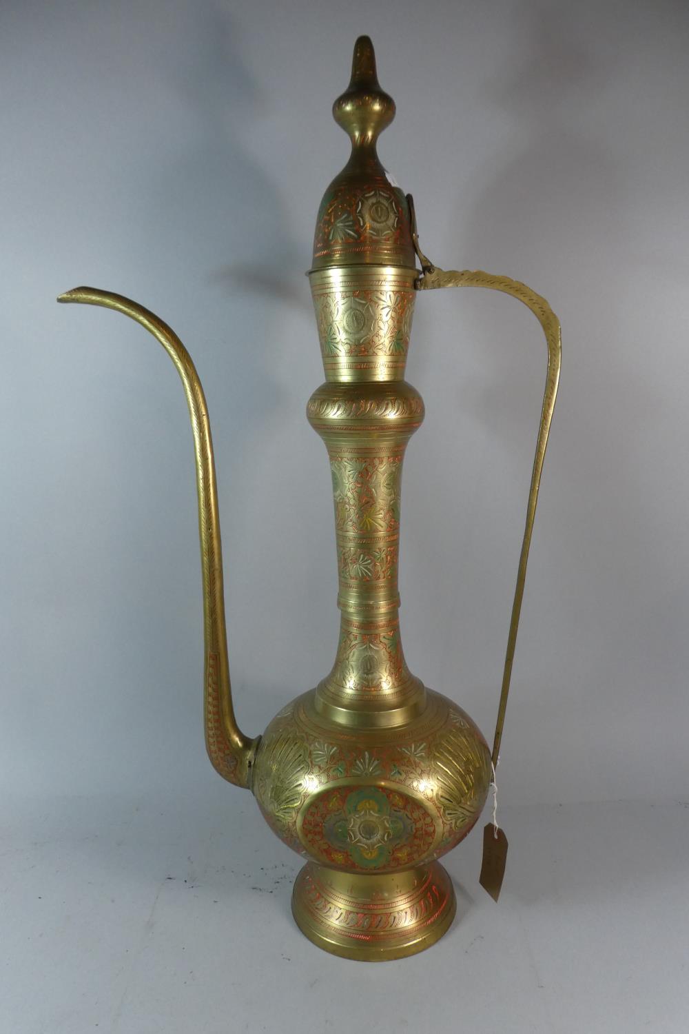 A Large Enamelled and Etched Brass Ornamental Arabic Coffee Pot, 78cm High