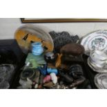 A Tray Containing Stoneware Animal Ornaments, Coasters, Inlaid Wooden Boxes etc