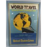 A Framed Vintage Travel Poster for United States Lines, "World Travel on United States Government