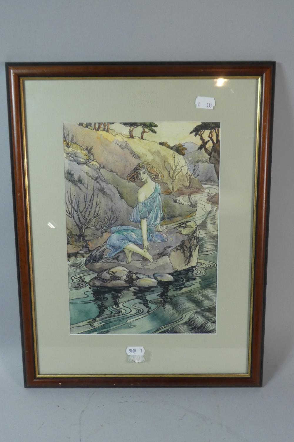 A Framed Pen, Ink and Water Colour, Naiad no.1 by Gwyneth Lindsey, 28.5cm High